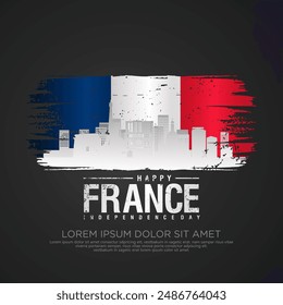 France day greeting card with grunge and splash effect on flag and silhouette france city as a symbol of independence. vector illustration