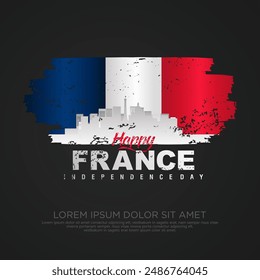 France day greeting card with grunge and splash effect on flag and silhouette france city as a symbol of independence. vector illustration