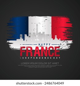 France day greeting card with grunge and splash effect on flag and silhouette france city as a symbol of independence. vector illustration