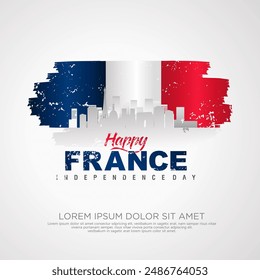 France day greeting card with grunge and splash effect on flag and silhouette france city as a symbol of independence. vector illustration