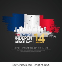 France day greeting card with grunge and splash effect on flag and silhouette france city as a symbol of independence. vector illustration