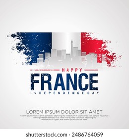 France day greeting card with grunge and splash effect on flag and silhouette france city as a symbol of independence. vector illustration