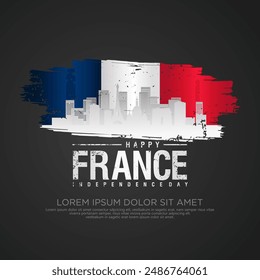 France day greeting card with grunge and splash effect on flag and silhouette france city as a symbol of independence. vector illustration