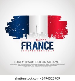 France day greeting card with grunge and splash effect on flag and silhouette france city as a symbol of independence. vector illustration