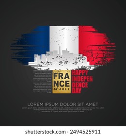 France day greeting card with grunge and splash effect on flag and silhouette france city as a symbol of independence. vector illustration