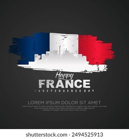 France day greeting card with grunge and splash effect on flag and silhouette france city as a symbol of independence. vector illustration