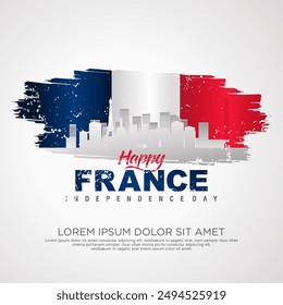 France day greeting card with grunge and splash effect on flag and silhouette france city as a symbol of independence. vector illustration