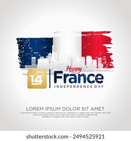 France day greeting card with grunge and splash effect on flag and silhouette france city as a symbol of independence. vector illustration