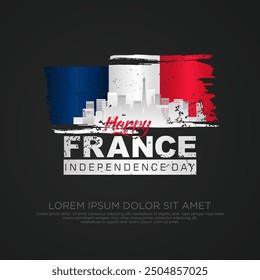 France day greeting card with grunge and splash effect on flag and silhouette france city as a symbol of independence. vector illustration