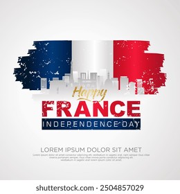 France day greeting card with grunge and splash effect on flag and silhouette france city as a symbol of independence. vector illustration