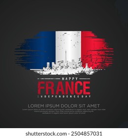 France day greeting card with grunge and splash effect on flag and silhouette france city as a symbol of independence. vector illustration