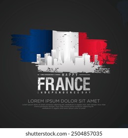 France day greeting card with grunge and splash effect on flag and silhouette france city as a symbol of independence. vector illustration