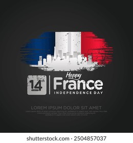 France day greeting card with grunge and splash effect on flag and silhouette france city as a symbol of independence. vector illustration