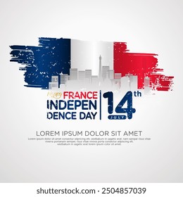 France day greeting card with grunge and splash effect on flag and silhouette france city as a symbol of independence. vector illustration