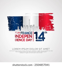 France day greeting card with grunge and splash effect on flag and silhouette france city as a symbol of independence. vector illustration