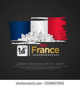 France day greeting card with grunge and splash effect on flag and silhouette france city as a symbol of independence. vector illustration