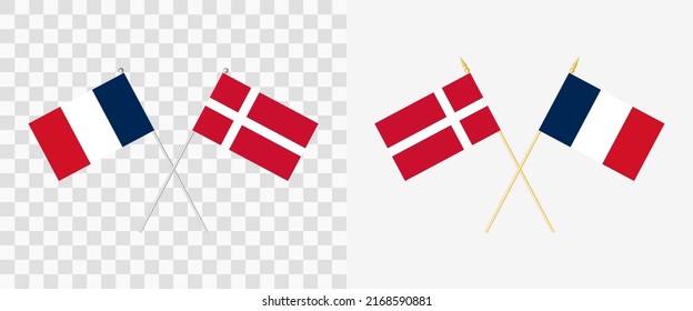 France and Denmark Crossed Flags. Pennon Angle 28 Degrees. Options with Different Shapes and Colors of Flagpoles - Silver and Gold. Example of Flags on Transparent Background. Vector Illustration