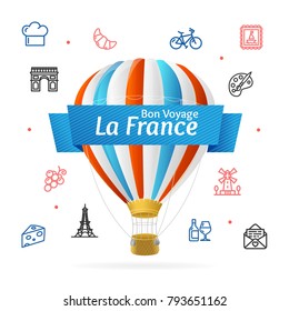 France Design Template Line Icon Welcome Concept and Detailed Hot Air in Sky for Adventure. Vector illustration