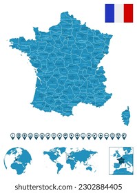 France - detailed blue country map with cities, regions, location on world map and globe. Infographic icons. Vector illustration