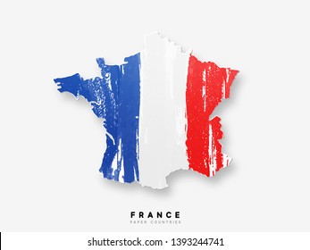 France detailed map with flag of country. Painted in watercolor paint colors in the national flag.