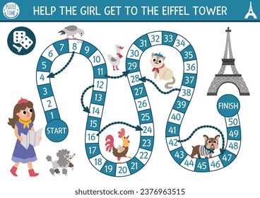 Juego de dados de Francia para niños con turista con un mapa que va a la Torre Eiffel. Boardgame francés con símbolos tradicionales, animales. Actividad turística imprimible, hoja de cálculo para niños con París