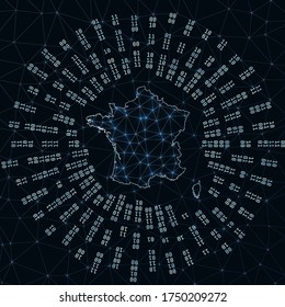 France digital map. Binary rays radiating around glowing country. Internet connections and data exchange design. Vector illustration.