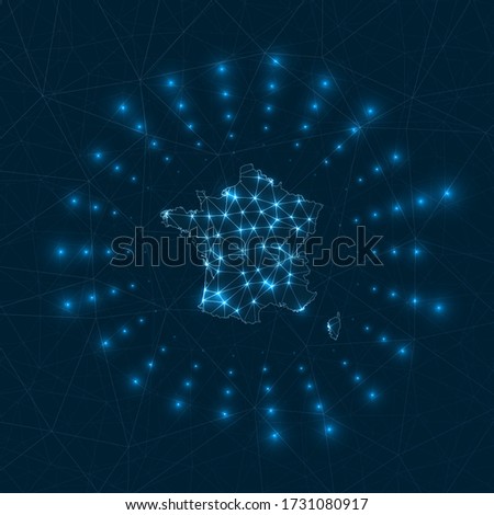France digital map. Glowing rays radiating from the country. Network connections and telecommunication design. Vector illustration.