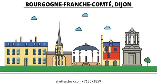 France, Dijon, Bourgogne Franche Comte . City skyline: architecture, buildings, streets, silhouette, landscape, panorama, landmarks. Editable strokes. Flat design line vector illustration concept