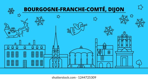 France, Dijon winter holidays skyline. Merry Christmas, Happy New Year decorated banner with Santa Claus.France, Dijon linear christmas city vector flat illustration