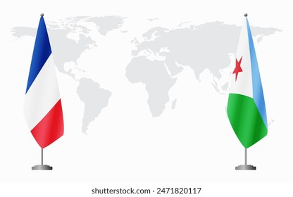 France and Djibouti flags for official meeting against background of world map.