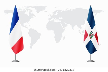 France and Dominican flags for official meeting against background of world map.