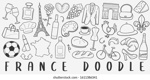 France Doodle Line Art Illustration. Hand Drawn Vector Clip Art. Banner Set Logos.