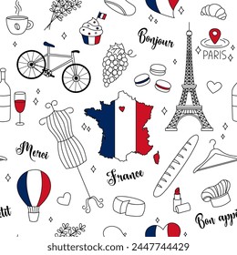 France doodle seamless pattern. Vector background. Cute hand drawn outline French symbols on white backdrop. Eiffel Tower, country map, flag and others. National landmarks.