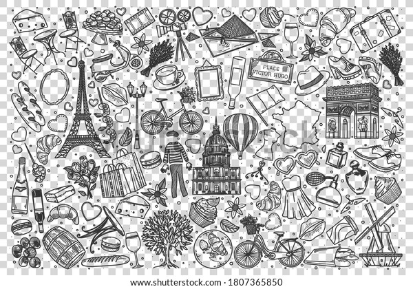France doodle set. Collection of hand drawn
sketches templates of french culture architecture and national
cuisine transparent background. European country of franks
tratidions
illustration.