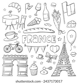 France doodles collection, monochrome clip art, cartoon elements for coloring books, cards, posters, prints, etc. EPS 10