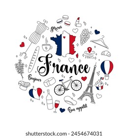 France doodles round design set. Vector illustrations of isolated French elements  in cute hand drawn style. Outline national symbols Eiffel Tower, lavender, country map, flag and others. 