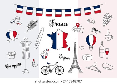 Francia hace garabatos al Vector. Ilustración de adorable dibujo a mano contorno de símbolos franceses Torre Eiffel, lavanda, mapa del país, bandera y otros. Colección nacional de arte de Clip.