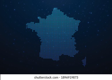 France dotted map in futuristic style, glowing outline made of stars lines dots. Communication, internet technologies concept on dark blue space background. Vector illustration.