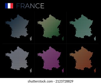 Mapa de puntos de Francia. Mapa de Francia en estilo punteado. Las fronteras del país están llenas de hermosos círculos de gradientes lisos. Ilustración vectorial vibrante.