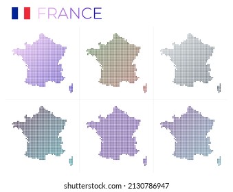 Frankreich gepunktete Karte gesetzt. Karte von Frankreich im gepunkteten Stil. Grenzen des Landes gefüllt mit schönen glatten Gradientenzirkeln. Trendy Vektorgrafik.