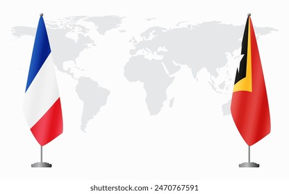 France and East Timor flags for official meeting against background of world map.