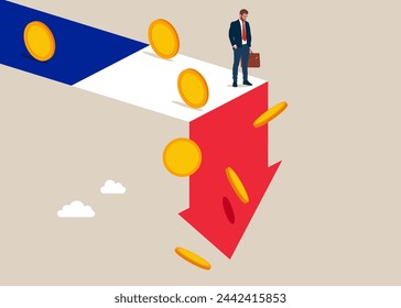 France economy collapse. Economy collapse. Financial instability and stock market crash. Investor falling from stack of unstable money. Vector illustration.