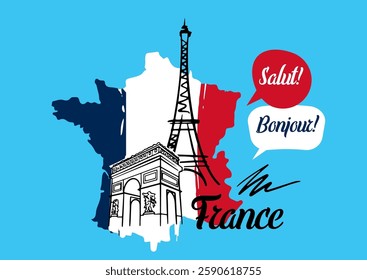 France, the Eiffel Tower, and the Arc de Triomphe, French flag. Speech bubbles "Salut!" and "Bonjour!" for tourism posters, language learning materials, French cultural events, or travel branding