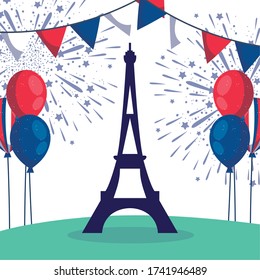 france eiffel tower with banner pennant design, Happy bastille day and french theme Vector illustration