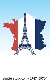 france eiffel tower with flag map design, Happy bastille day and french theme Vector illustration