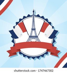 france eiffel tower with flags and ribbon design, Happy bastille day and french theme Vector illustration