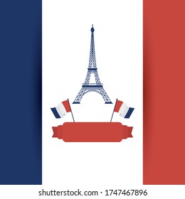 france eiffel tower with flags and ribbon design, Happy bastille day and french theme Vector illustration