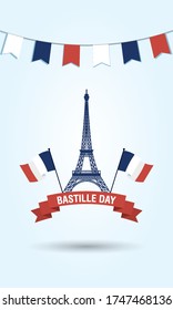 france eiffel tower with flags and ribbon design, Happy bastille day and french theme Vector illustration