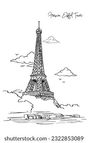 France, Eiffel Tower with hand drawing concept, print, doodle, vector illustration (Vector)