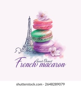 France Eiffel tower with macaron Everyday in break fast. watercolor. Set of vector illustrations. Typography. Engraving style, t-shirt print, painting